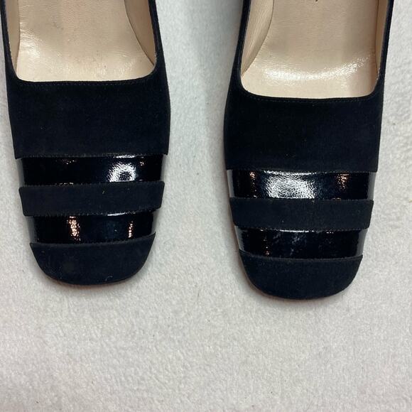 Vintage Y2K Chanel Black Suede Pumps w/Chrome patent leather details 36 1/2 - Picture 2 of 7